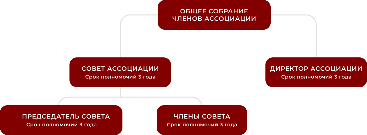 Схема: Общее собрание членов Ассоциации → Совет Ассоциации / Директор Ассоциации; Совет Ассоциации → Председатель совета / Члены совета
